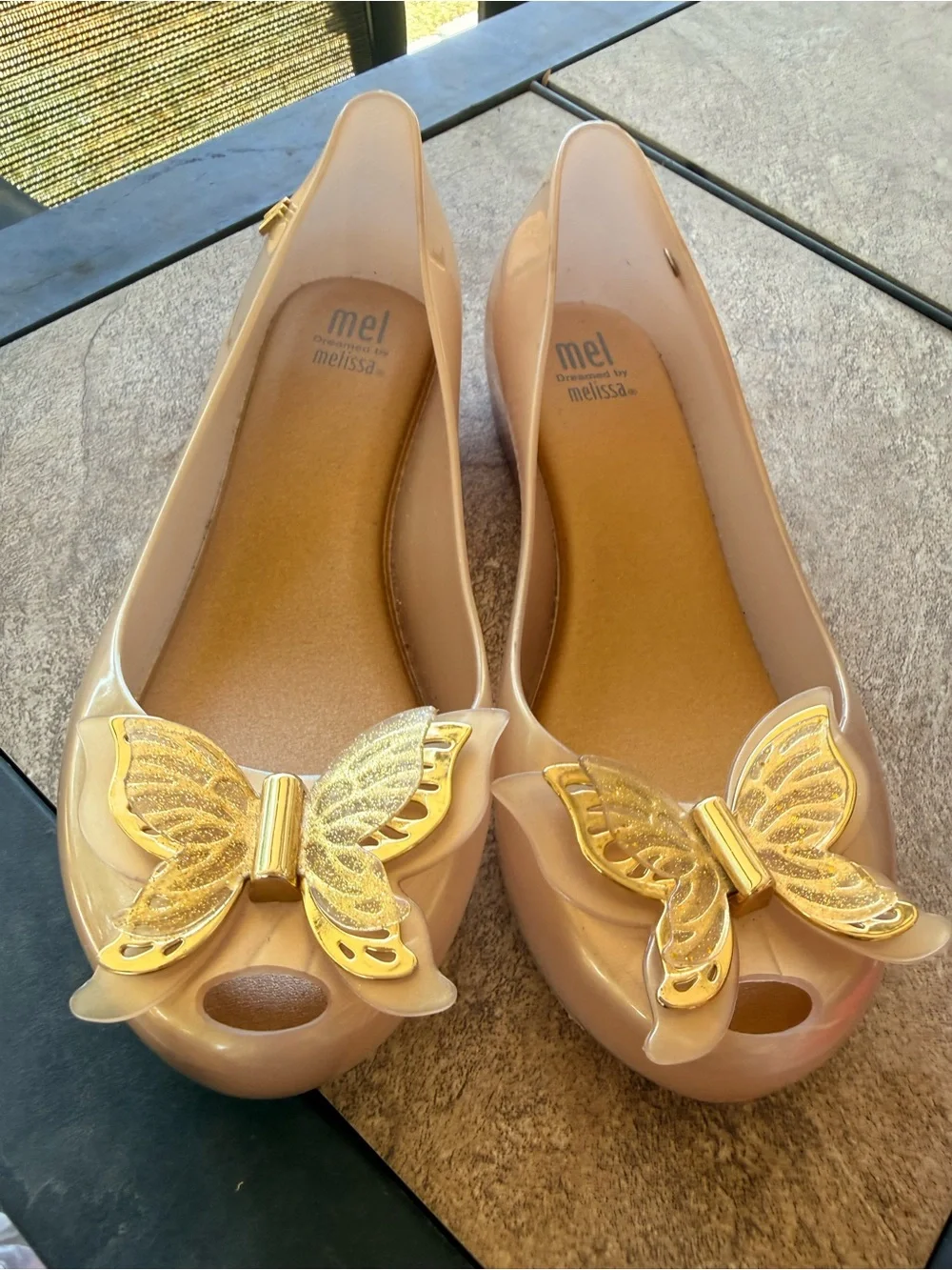 Mel by Melissa Nude Jelly Flats with Gold Butterfly Detail
